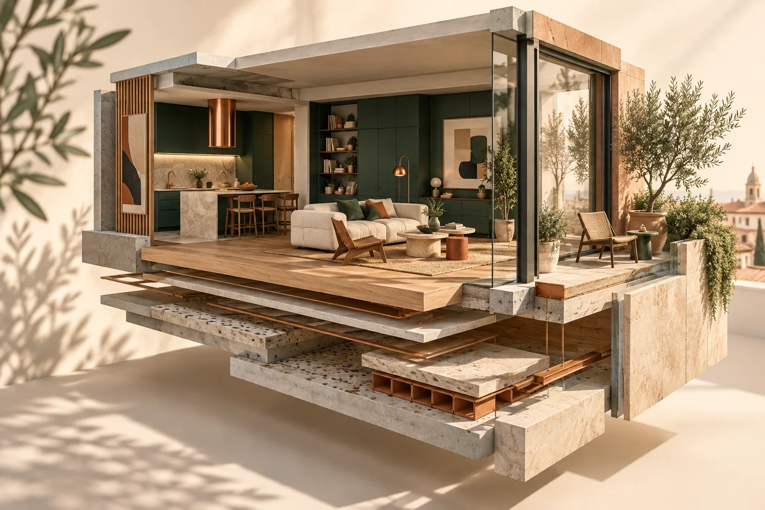 Ilustración conceptual de un apartamento moderno: materiales por capas, cocina verde, ventanal y terraza